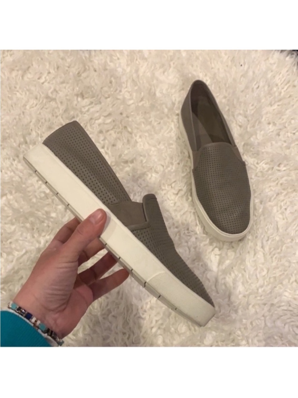 Vince Blair Leather Platform Slip on Sneaker/Shoes Sz 8 gray White Perforated